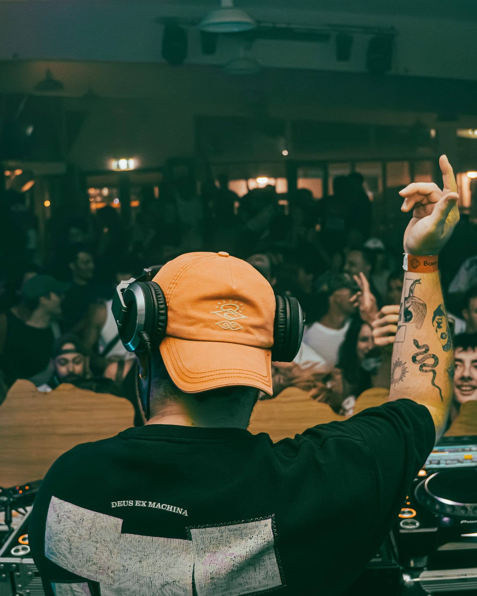 A DJ seen from behind, arm raised, facing a full room